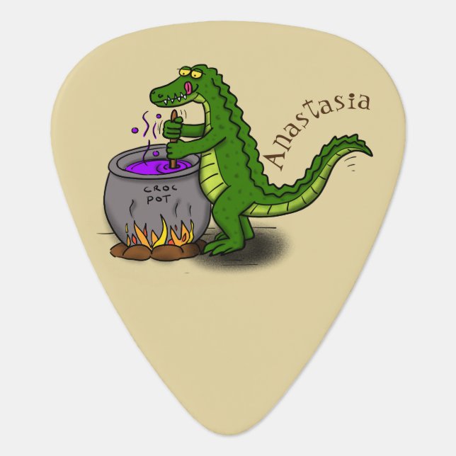 Funny green alligator cooking cartoon  guitar pick (Front)