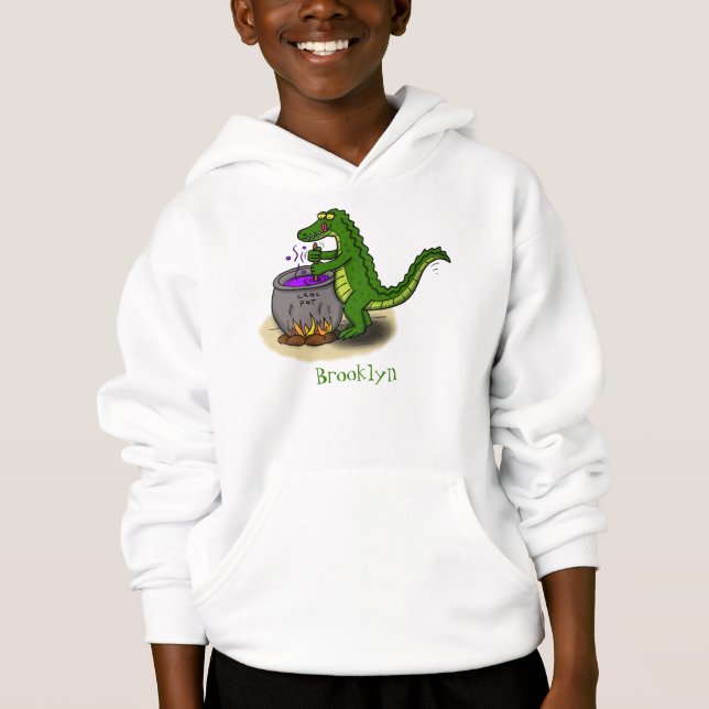 Funny green alligator cooking cartoon hoodie (Front)