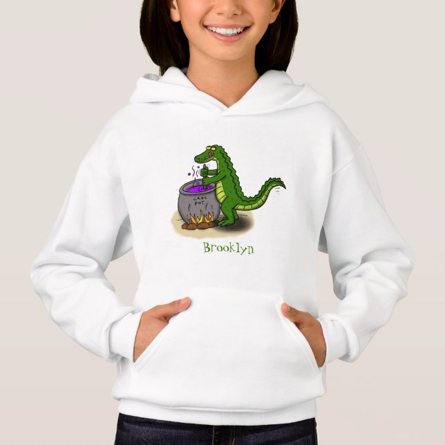 Funny green alligator cooking cartoon hoodie (Front)