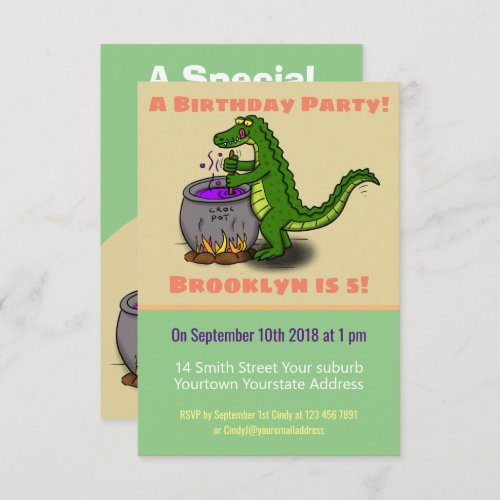 Funny green alligator cooking cartoon invitation
