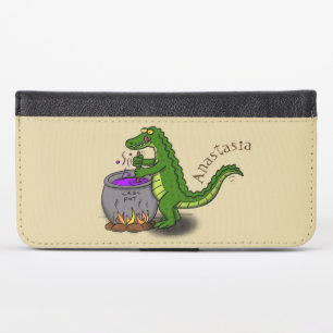 Funny green alligator cooking cartoon iPhone x wallet case
