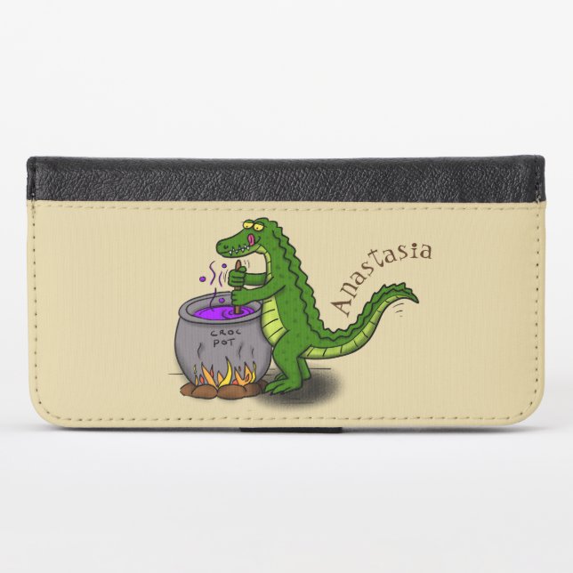 Funny green alligator cooking cartoon iPhone wallet case (Front (Horizontal))
