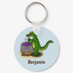 Funny green alligator cooking cartoon keychain