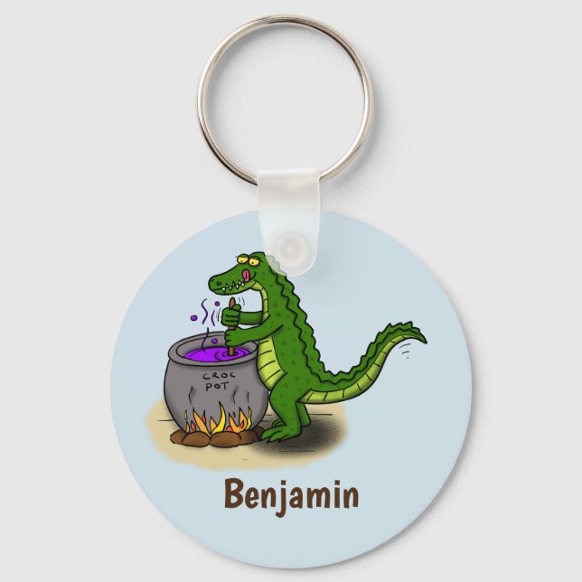 Funny green alligator cooking cartoon keychain (Front)