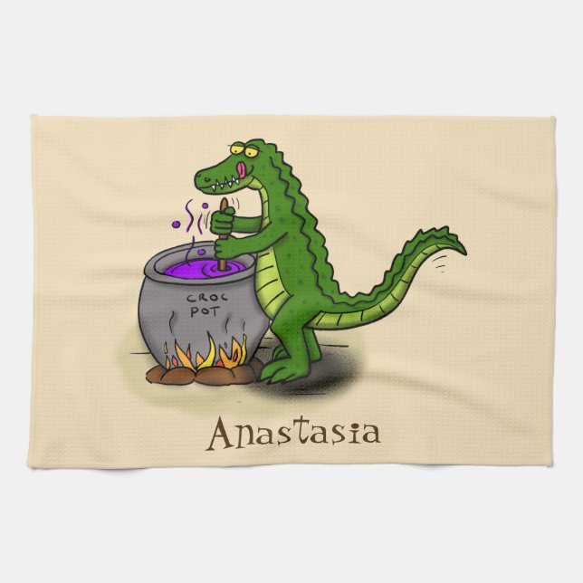 Funny green alligator cooking cartoon kitchen towel (Horizontal)