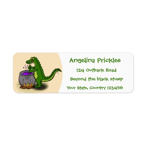 Funny green alligator cooking cartoon label