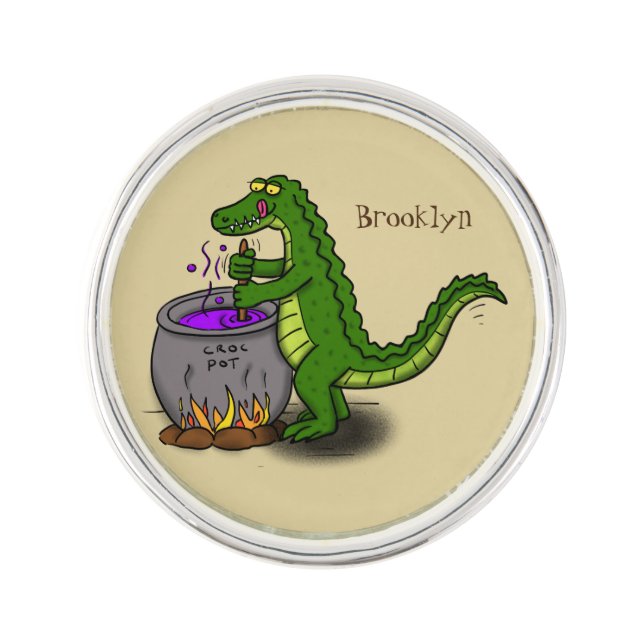 Funny green alligator cooking cartoon lapel pin (Front)