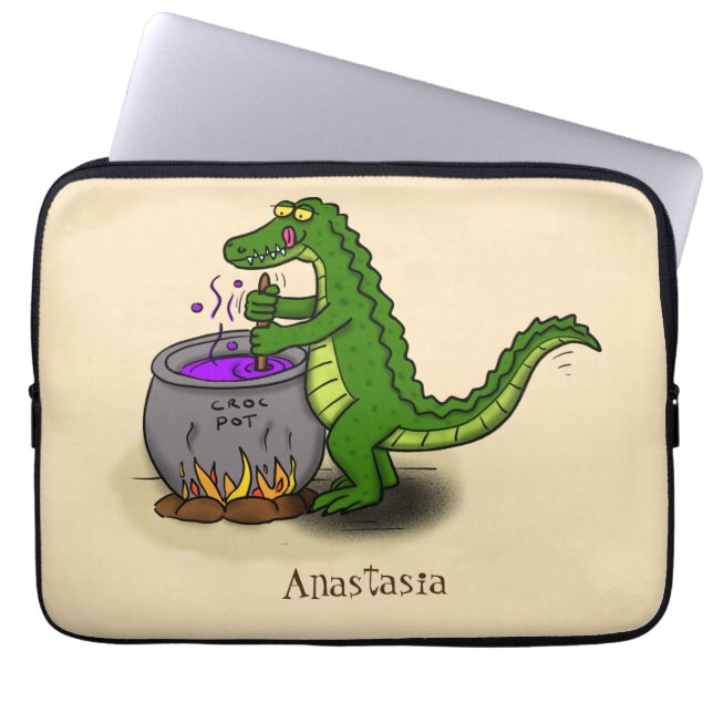 Funny green alligator cooking cartoon laptop sleeve (Front)