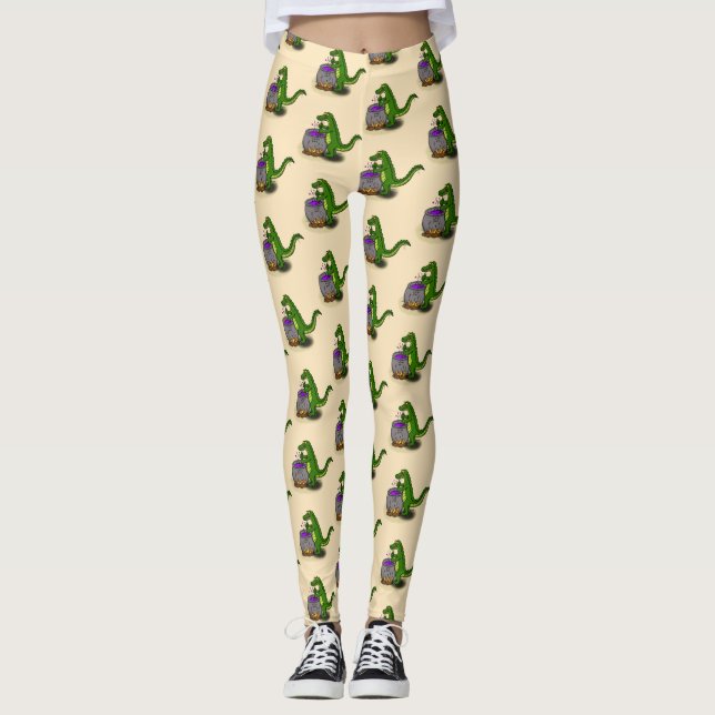 Funny green alligator cooking cartoon leggings (Front)