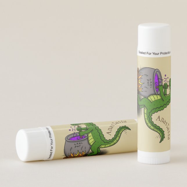 Funny green alligator cooking cartoon lip balm (Front)