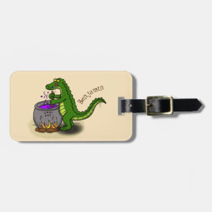 Funny green alligator cooking cartoon luggage tag