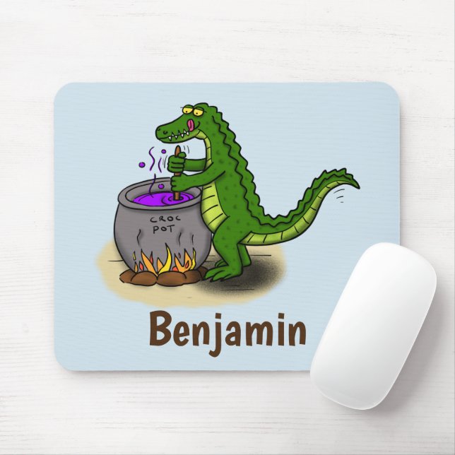 Funny green alligator cooking cartoon mouse pad (With Mouse)