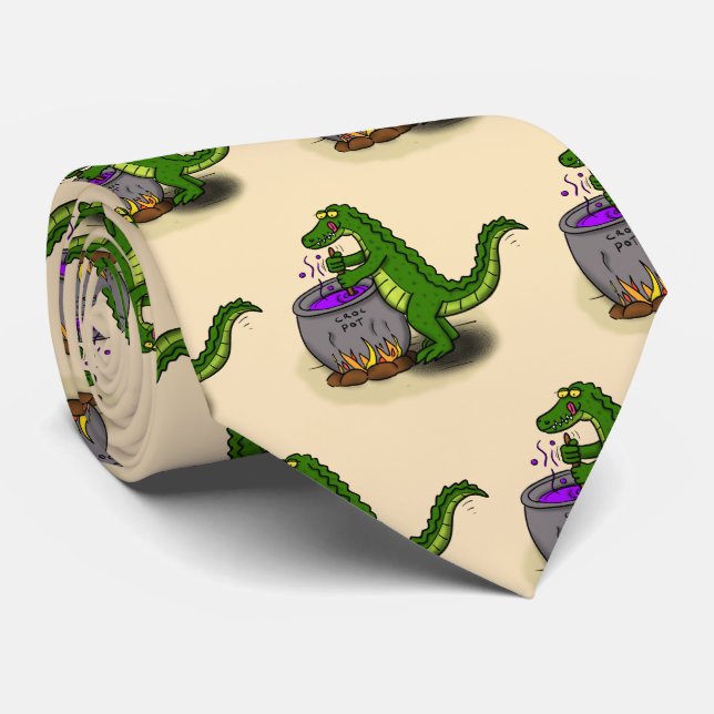 Funny green alligator cooking cartoon neck tie (Rolled)