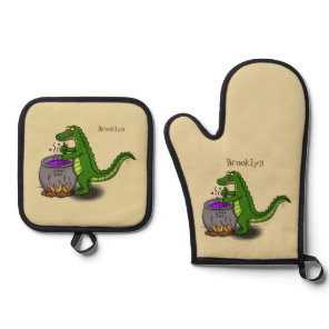Funny green alligator cooking cartoon oven mitt & pot holder set