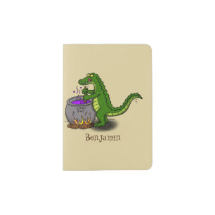 Funny green alligator cooking cartoon passport holder