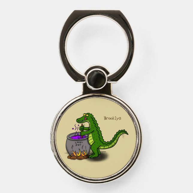 Funny green alligator cooking cartoon  phone ring stand (Front)