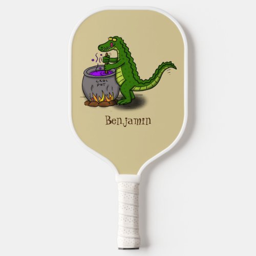 Funny green alligator cooking cartoon  pickleball paddle