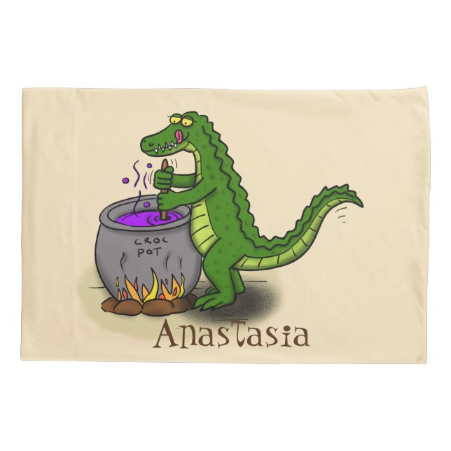 Funny green alligator cooking cartoon pillow case (Back)