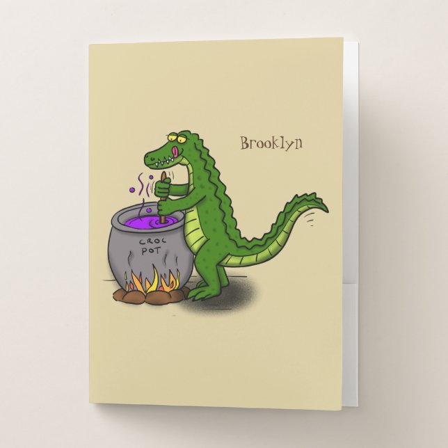 Funny green alligator cooking cartoon pocket folder (Front)