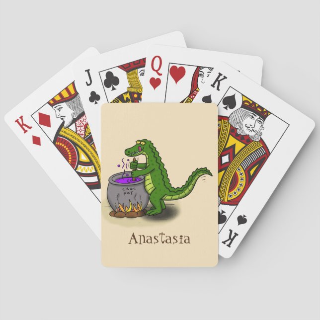 Funny green alligator cooking cartoon poker cards (Back)