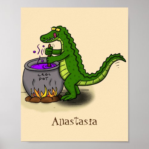 Funny green alligator cooking cartoon poster