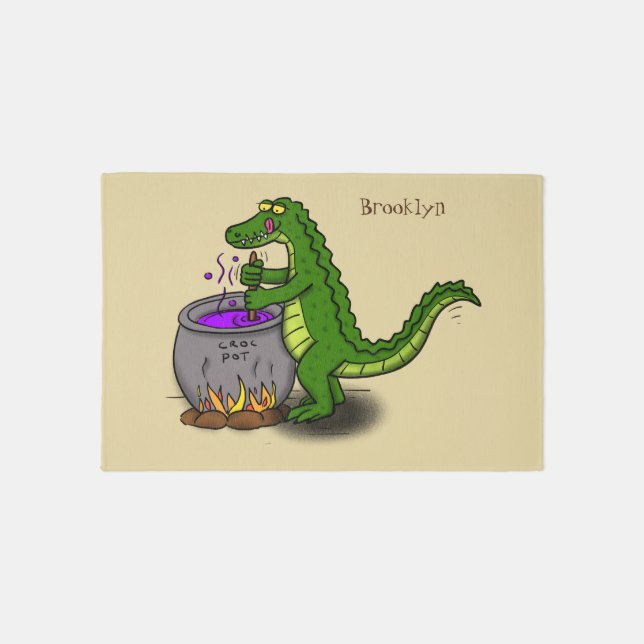 Funny green alligator cooking cartoon rug (Front)