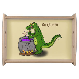 Funny green alligator cooking cartoon serving tray