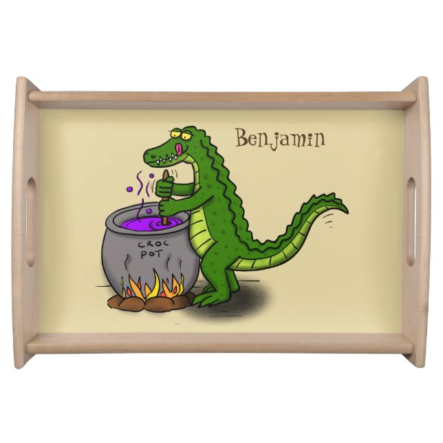 Funny green alligator cooking cartoon serving tray (Front)
