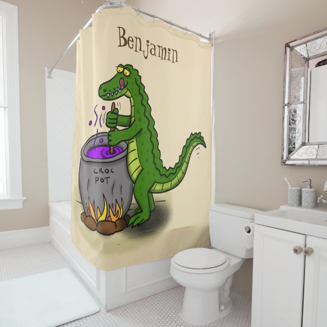 Funny green alligator cooking cartoon shower curtain (In Situ)
