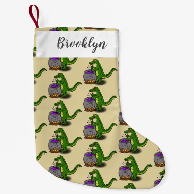 Funny green alligator cooking cartoon small christmas stocking (Front)