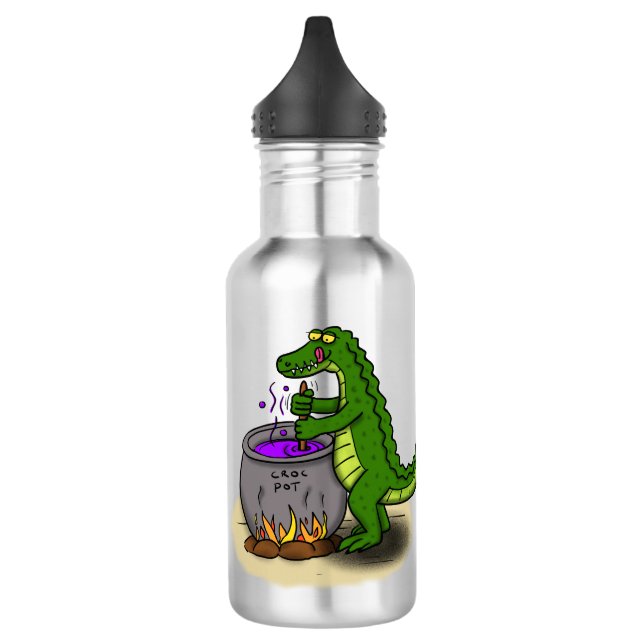 Funny green alligator cooking cartoon stainless steel water bottle (Left)