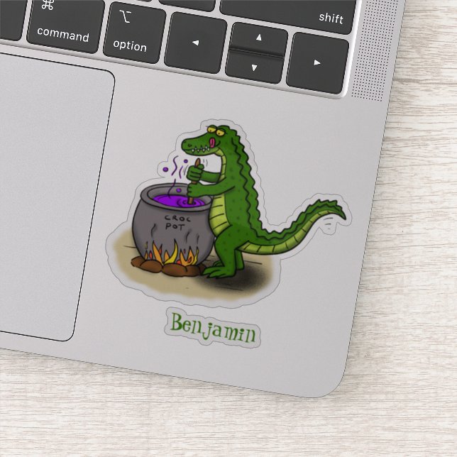 Funny green alligator cooking cartoon sticker (Detail)