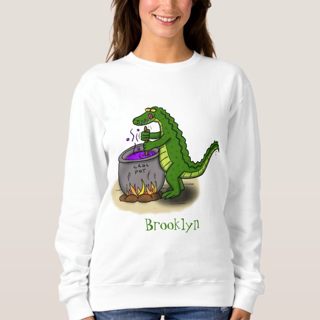 Funny green alligator cooking cartoon sweatshirt (Front)