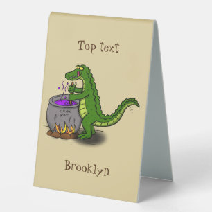 Funny green alligator cooking cartoon table tent