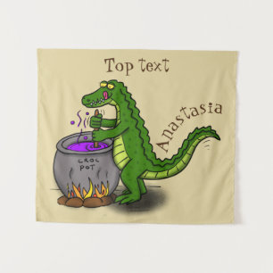 Funny green alligator cooking cartoon tapestry