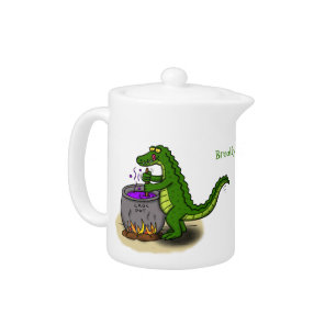 Funny green alligator cooking cartoon teapot