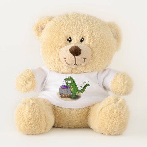 Funny green alligator cooking cartoon teddy bear