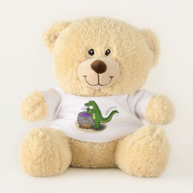 Funny green alligator cooking cartoon teddy bear (Front)