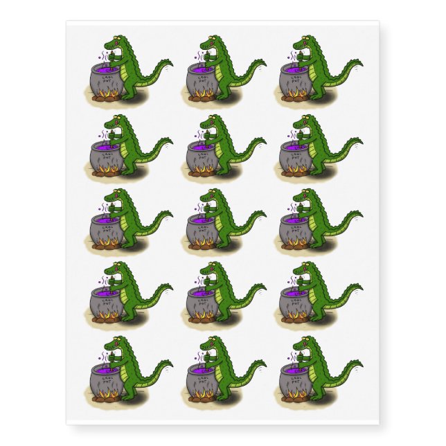 Funny green alligator cooking cartoon temporary tattoos (Front)