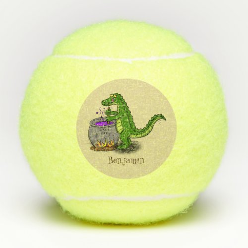 Funny green alligator cooking cartoon tennis balls