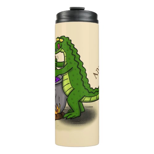 Funny green alligator cooking cartoon thermal tumbler