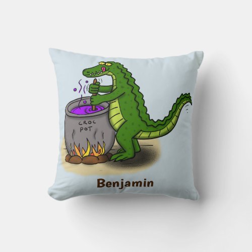 Funny green alligator cooking cartoon throw pillow