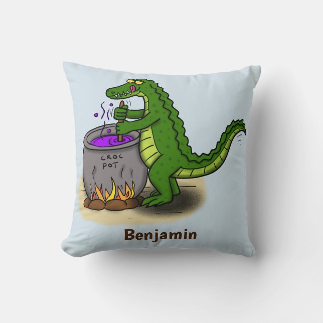 Funny green alligator cooking cartoon throw pillow (Front)