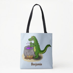 Funny green alligator cooking cartoon tote bag
