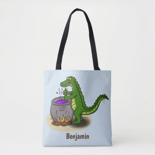 Funny green alligator cooking cartoon tote bag