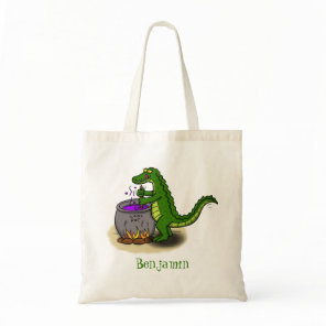 Funny green alligator cooking cartoon tote bag
