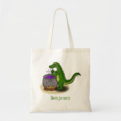 Funny green alligator cooking cartoon tote bag