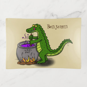 Funny green alligator cooking cartoon trinket tray