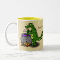 Funny green alligator cooking cartoon Two-Tone coffee mug