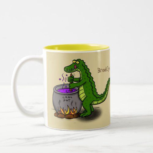 Funny green alligator cooking cartoon Two_Tone coffee mug